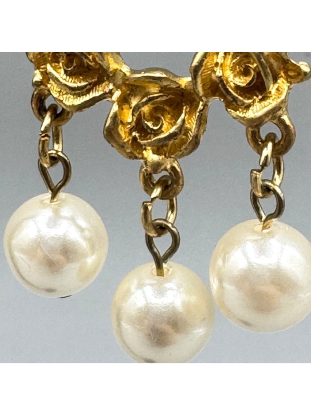 Vintage Rose and Faux Pearl Dangle Earrings Waterfall Bridal Statement Wedding - Picture 5 of 11